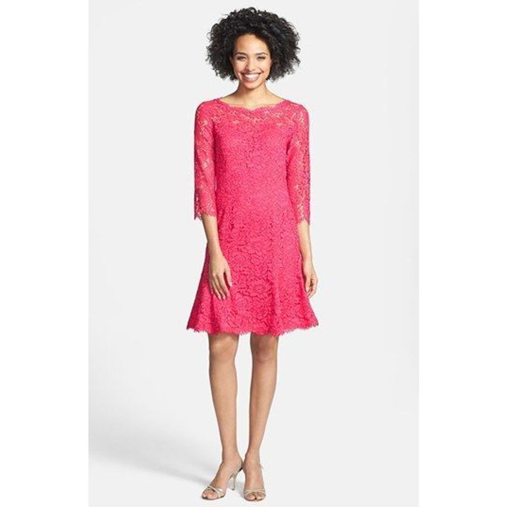 Eliza J Lace Tulip 3/4 Sleeve Knee Length Fit and Flare Dress Pink Size 6 NEW